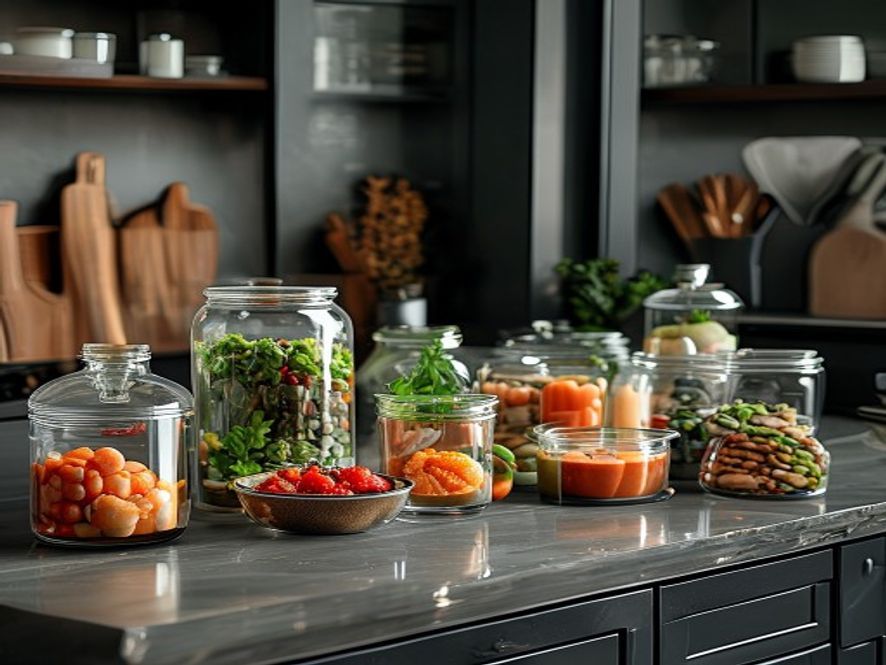 Colourful ingredients in glass containers arranged on a counter